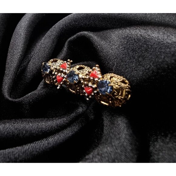 Vintage 1950s Gold-Tone Brooch With Blue & Red Glass Stones Intricate Filigree - Picture 1 of 6